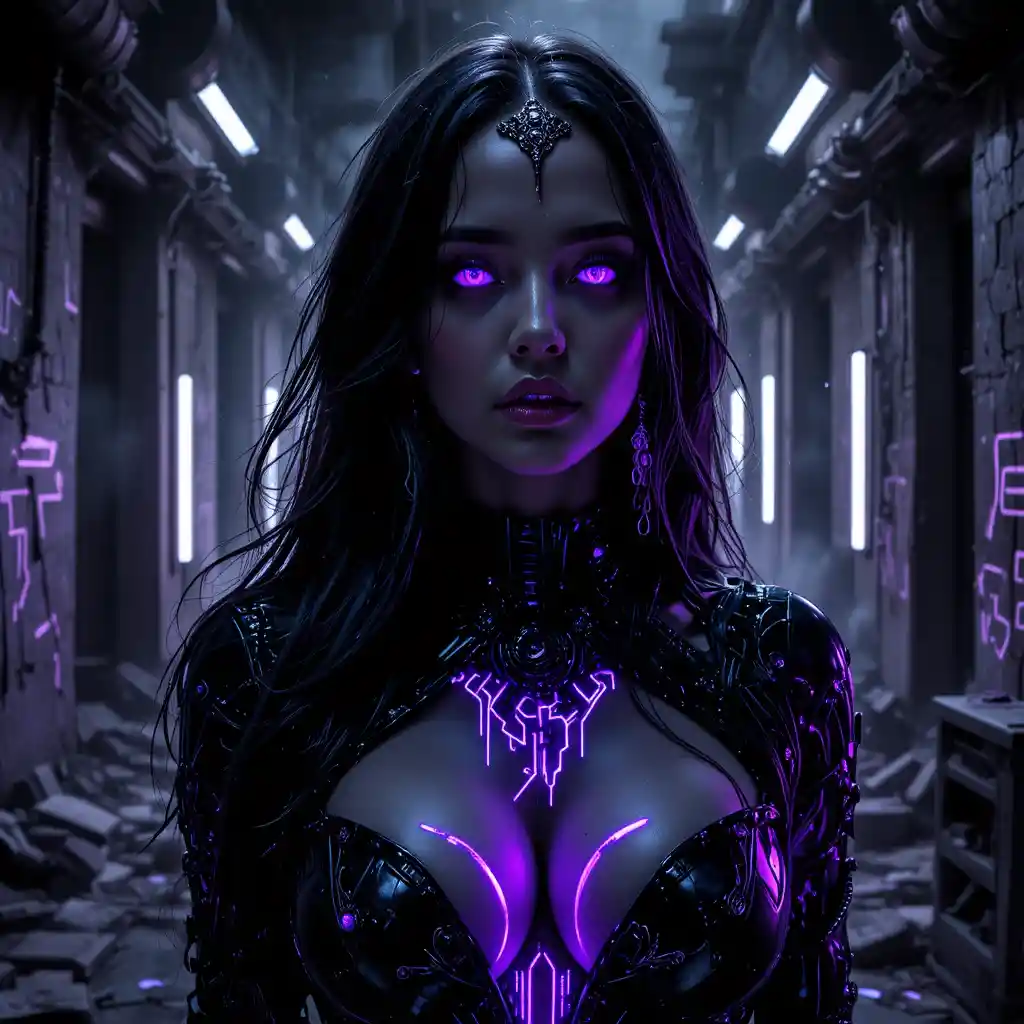 Cyberpunk femme fatale portrait in glitchy violet shadows