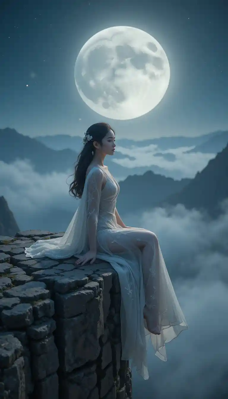 Young woman on a moonlit cliff in serene night