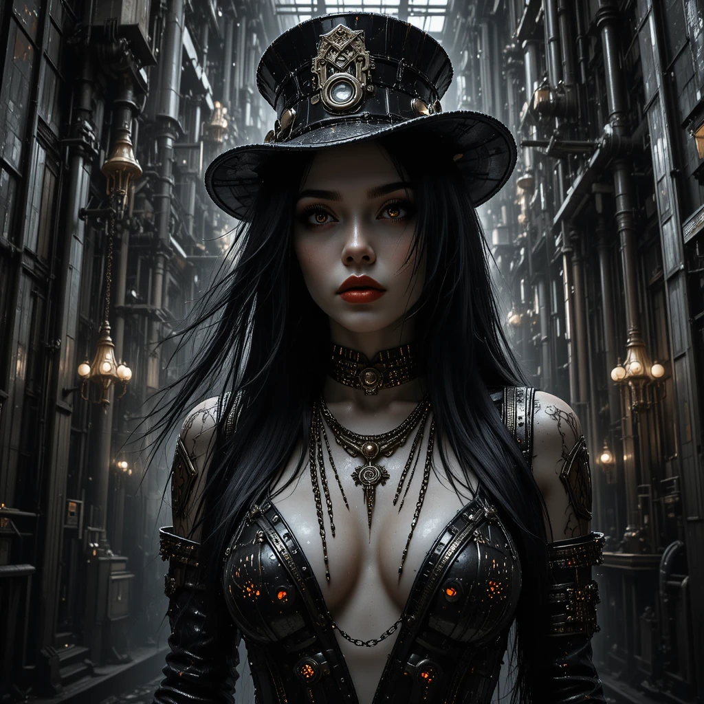 Cyberpunk femme fatale in dramatic noir close up portrait