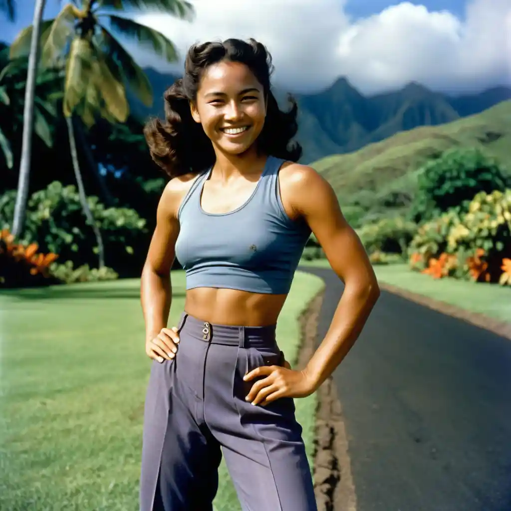 Lächelnde Hawaiianerin im sportlichen Outfit der 1940er Jahre im Freien