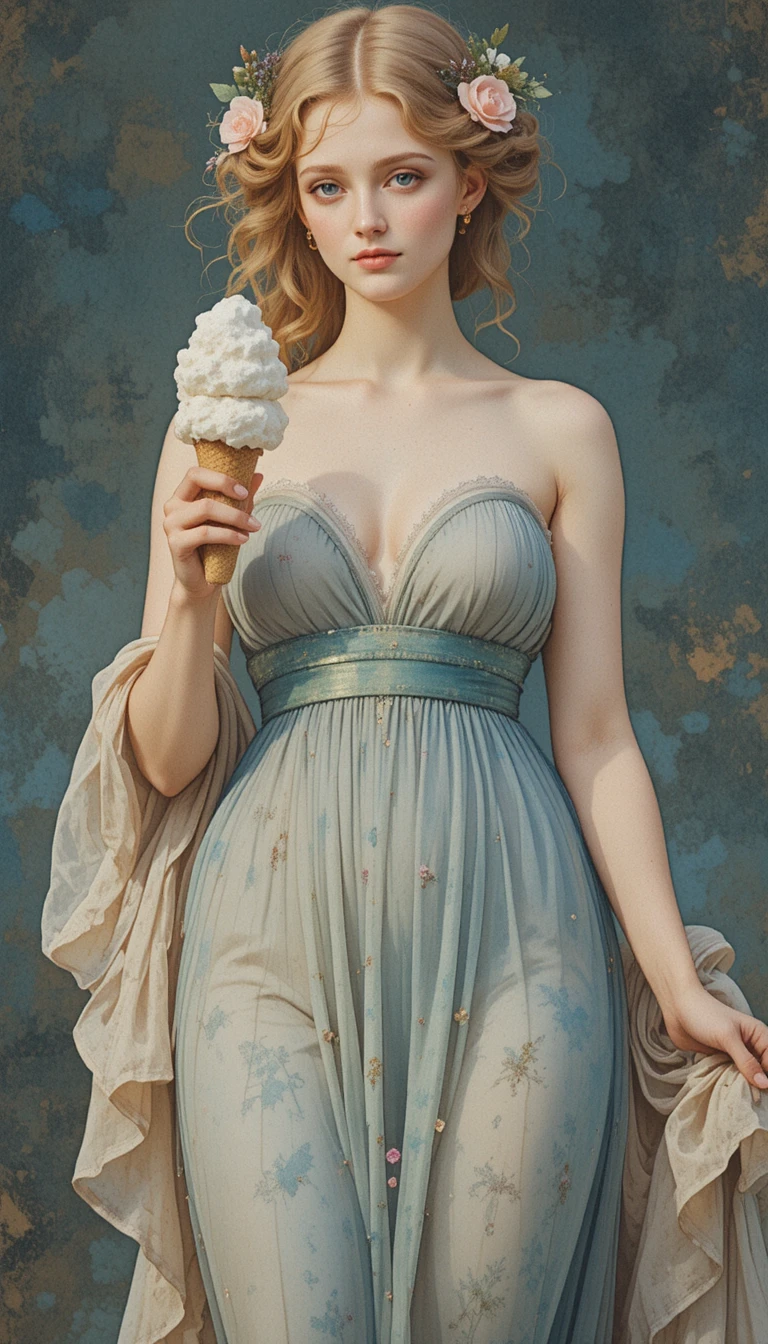 Venere vintage in abito di garza con un gelato in mano