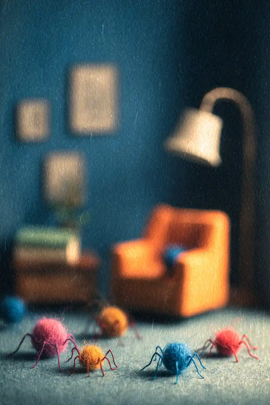 Felted colorful spiders in a moody vintage living room
