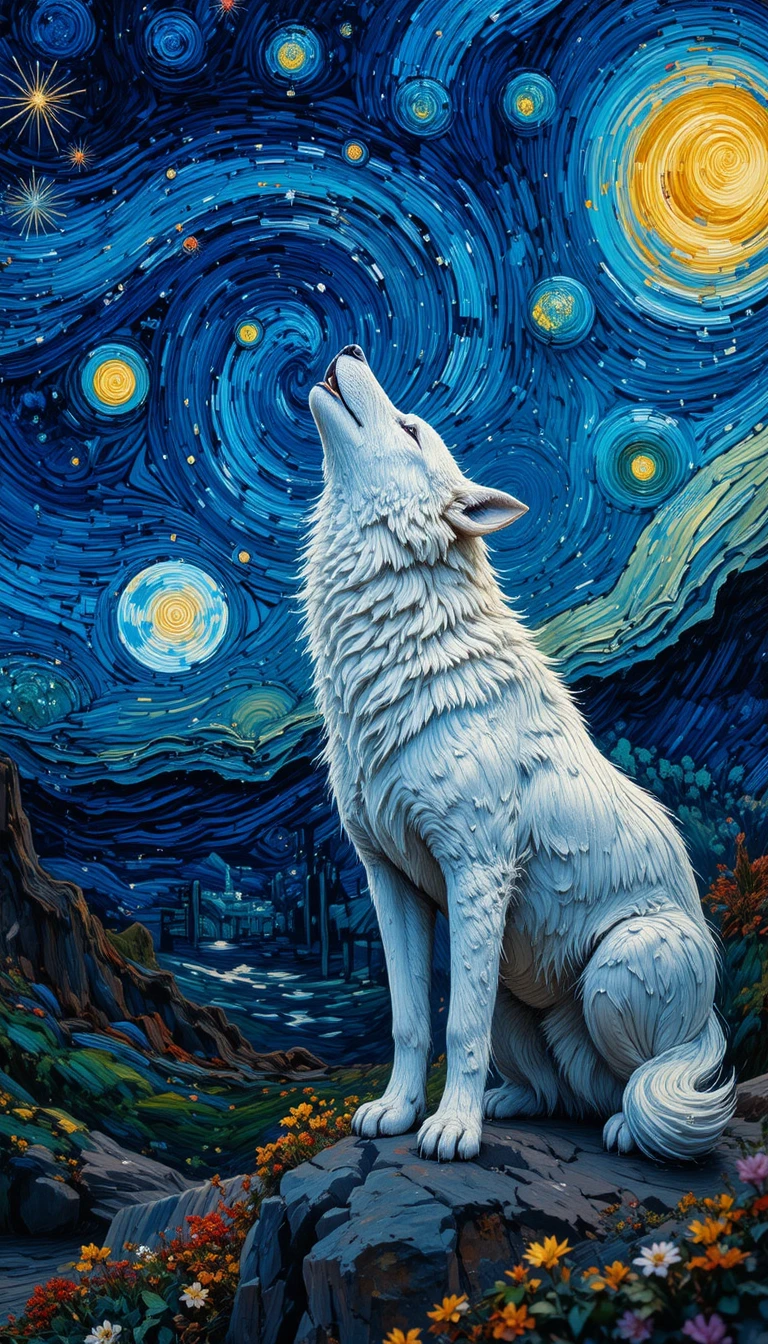 White wolf howling at the moon in expressive painted style