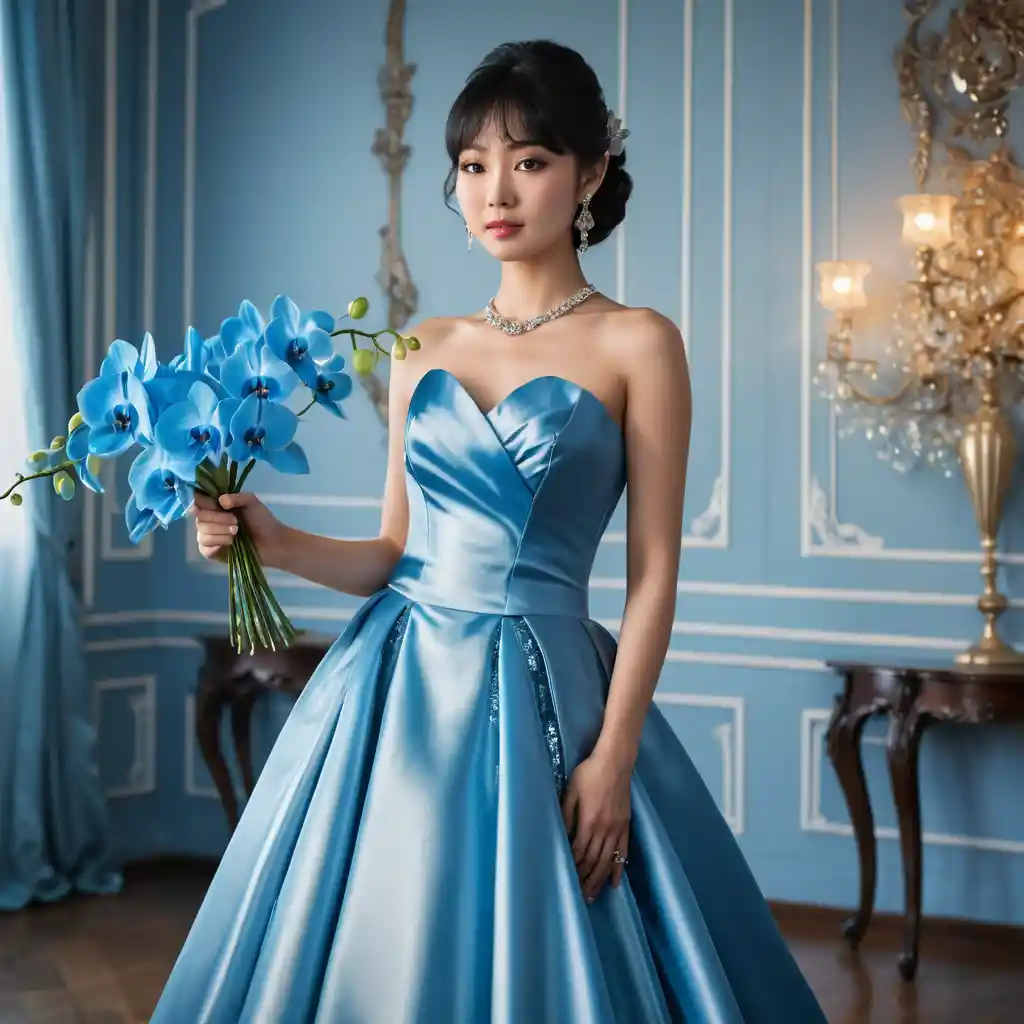 Elegant woman in blue satin gown holding orchid bouquet