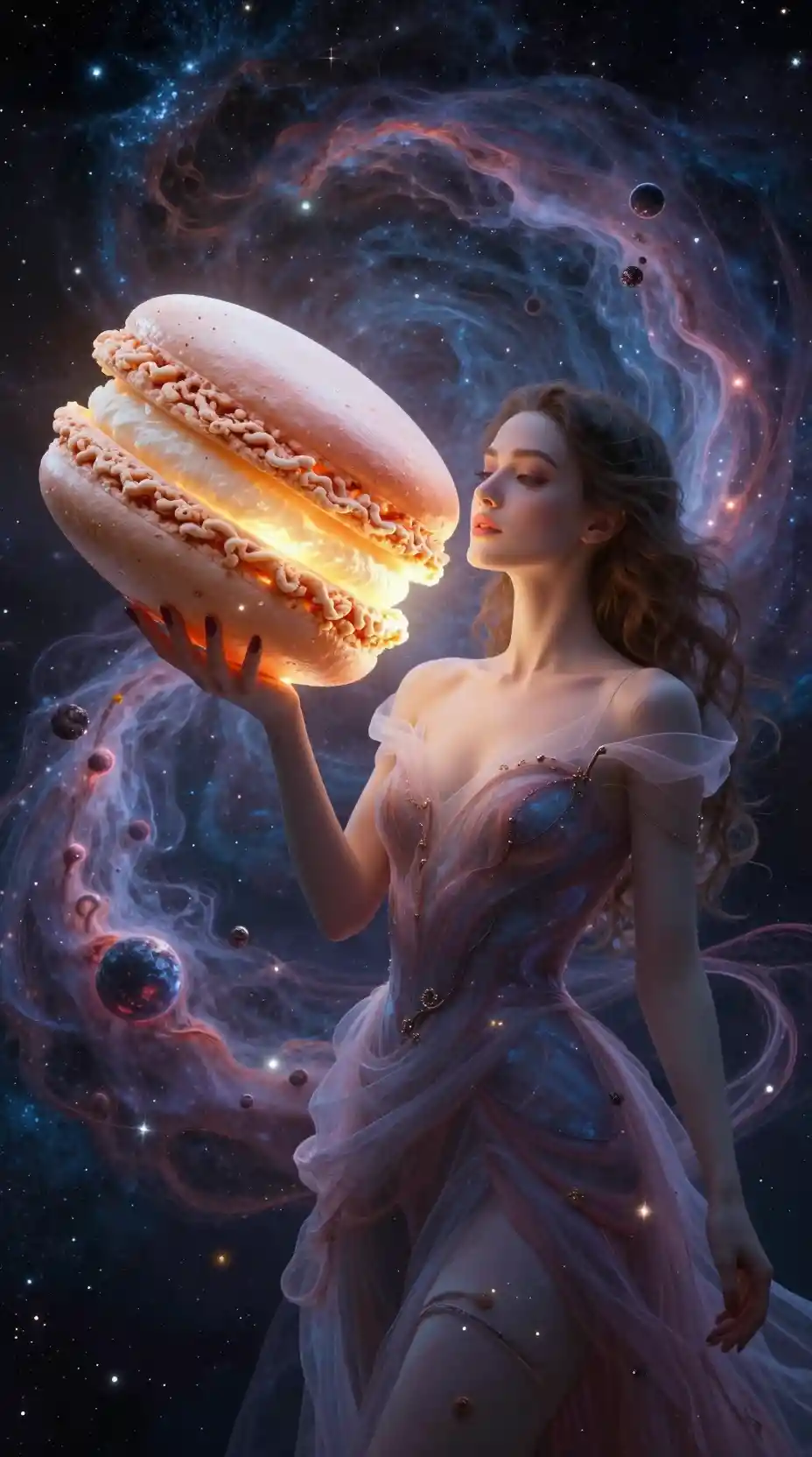 Surreal nebula woman holding a glowing cosmic macaron