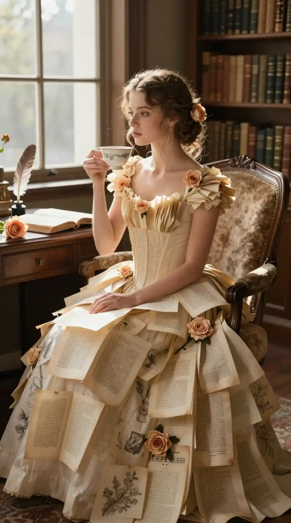 Woman In Paper Gown Sitting In Sunlit Vintage Library