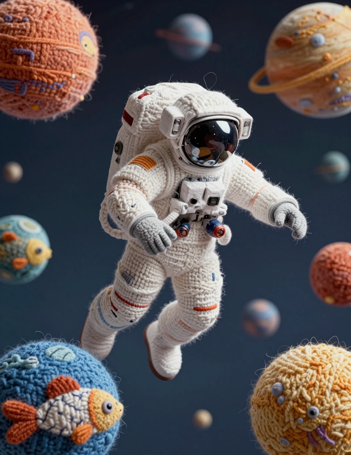 Astronauta nadando entre planetas tejidos y peces de colores