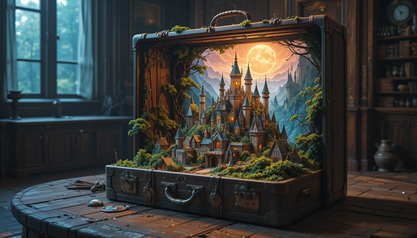 Open suitcase revealing a miniature fantasy city world
