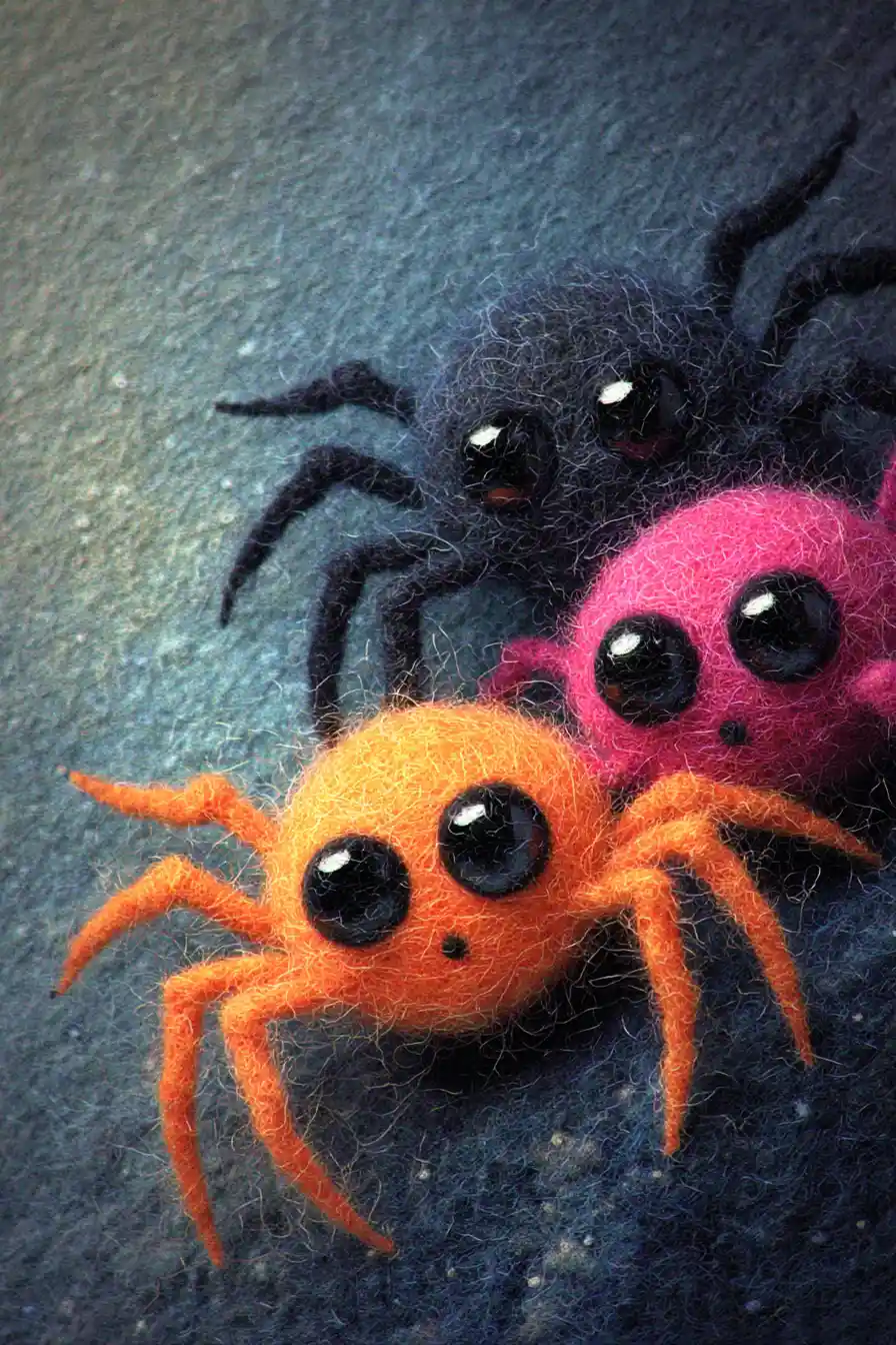 Felted colorful spiders in a vintage minimalist living room
