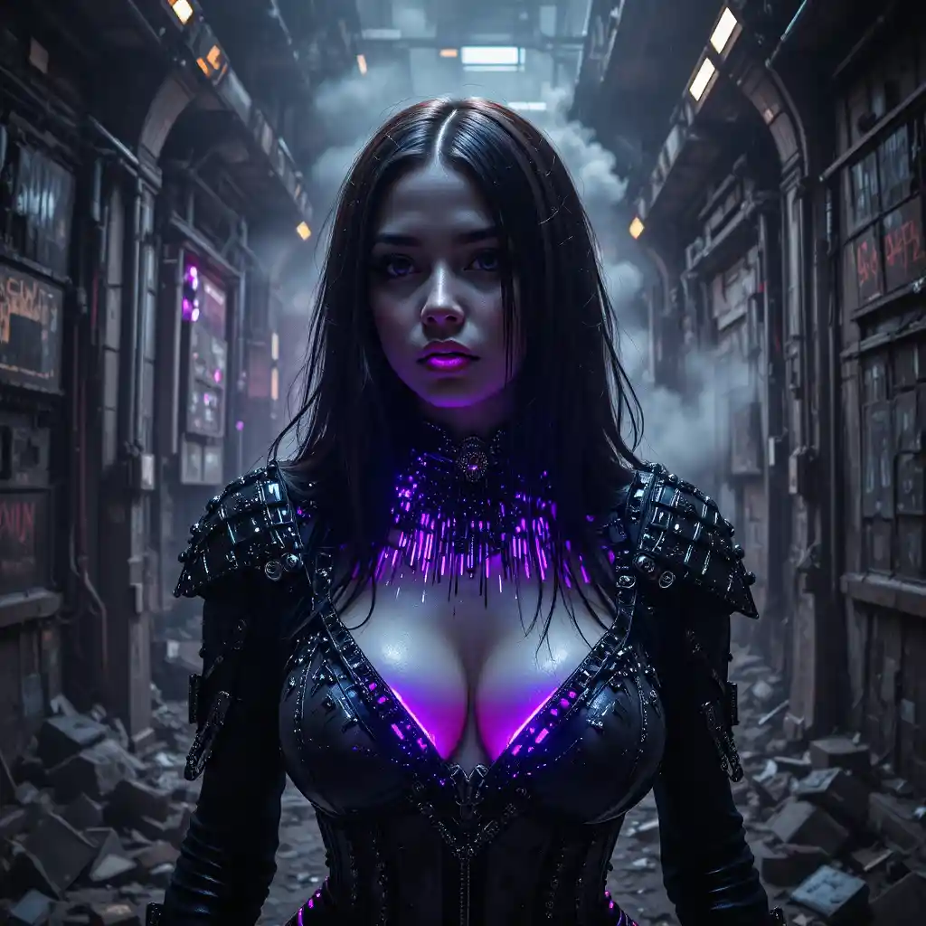Cyberpunk-Femme-fatale-Porträt mit violetten Neon-Tattoos