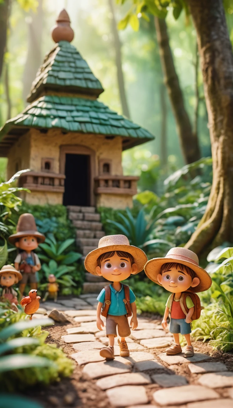 Playful cartoon children on vacation in a forest