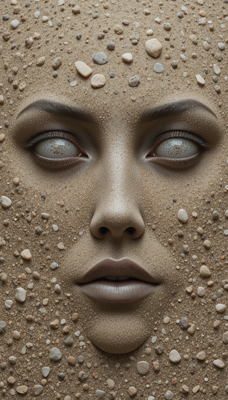 Stone and sand arranged into a stylized human face