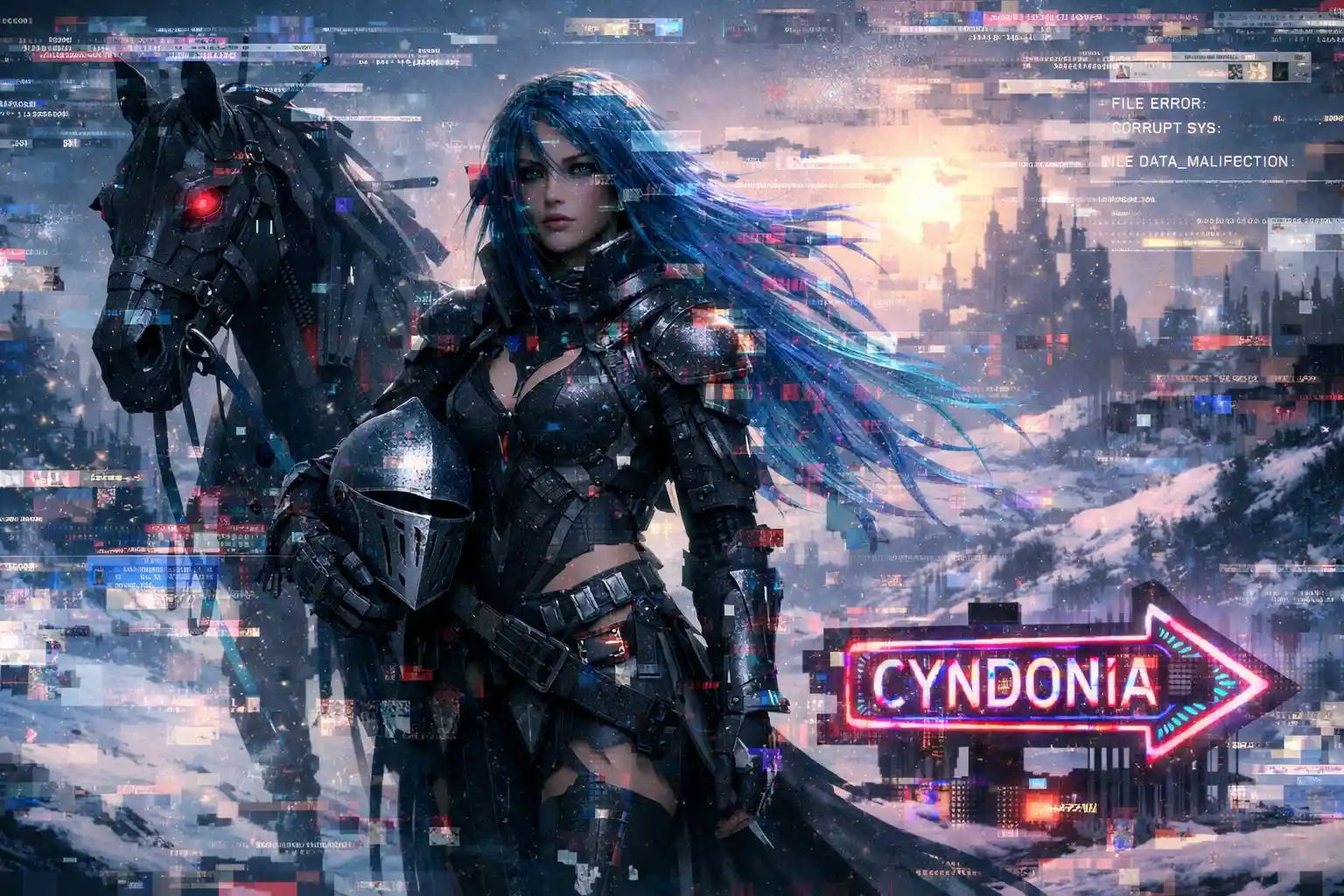 Cyberpunk-Kriegerin mit Cyber-Pferd in verschneiter Burg