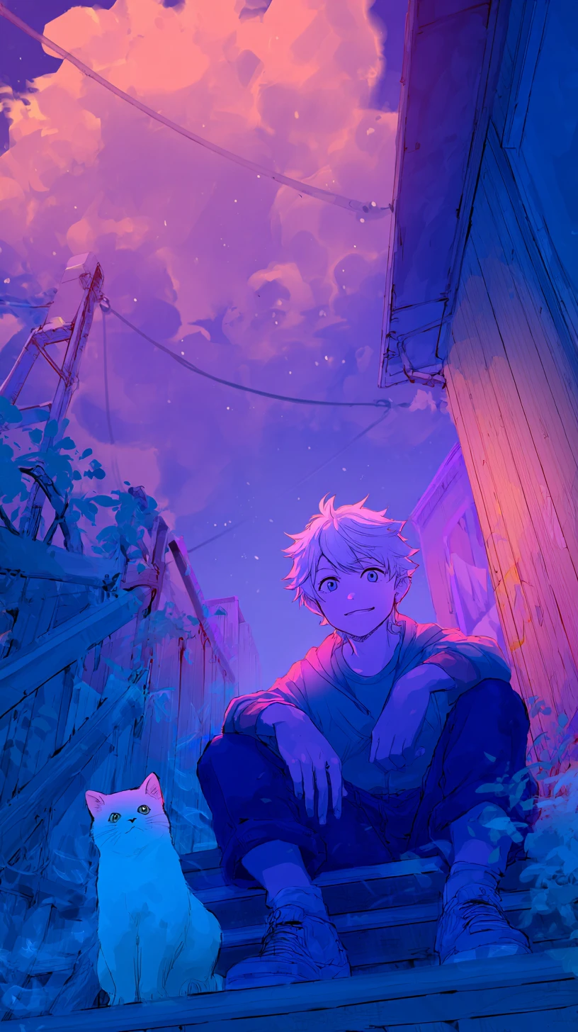 Chica de anime y gato descansando en una tranquila escena nocturna