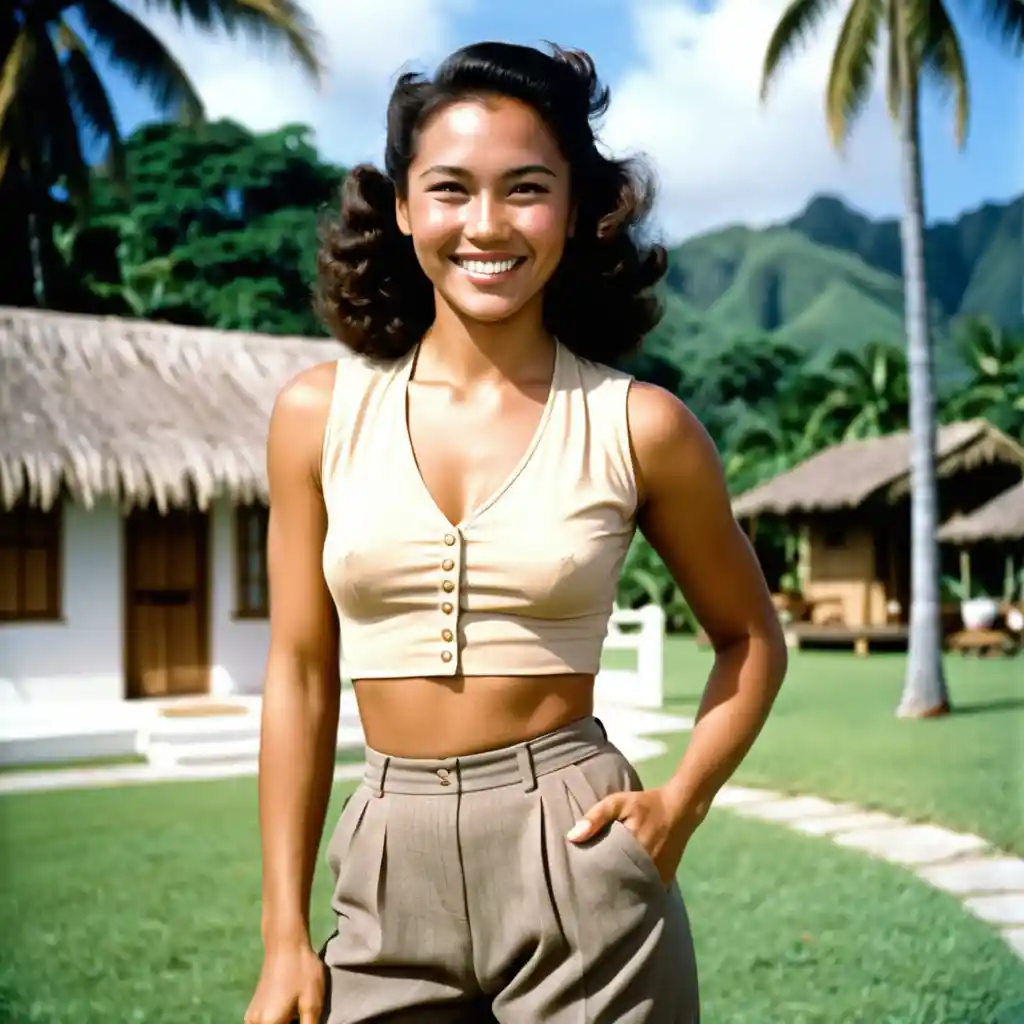 Lächelnde polynesische Frau in 1940er-Hosen im Freien