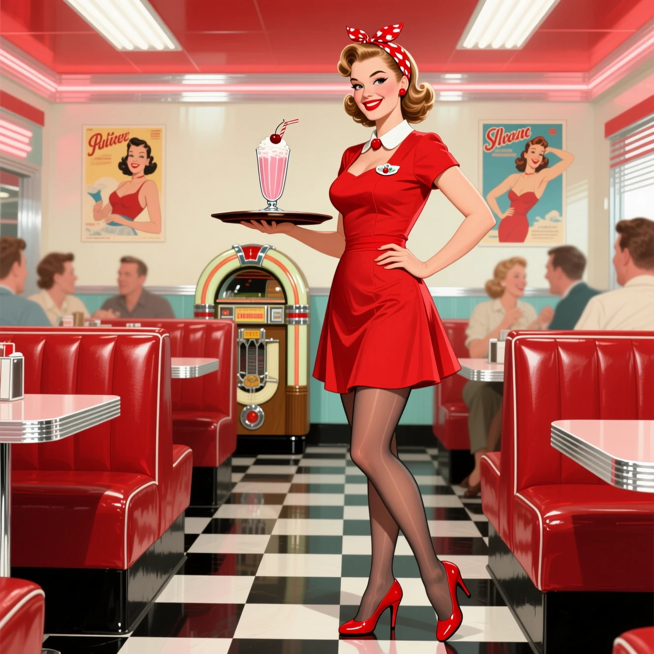 Retro waitress serving milkshake in classic 1950s diner