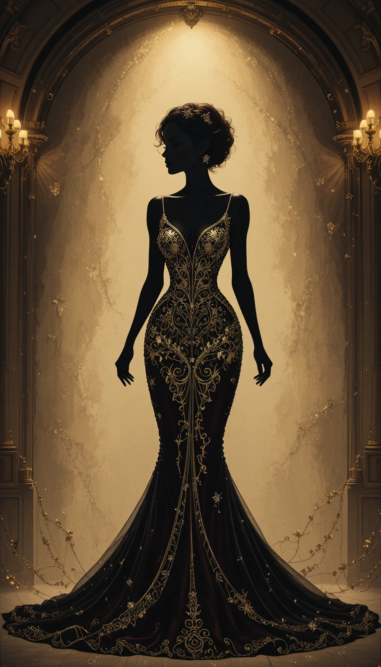 Elegant female silhouette in gold and burgundy evening fashion