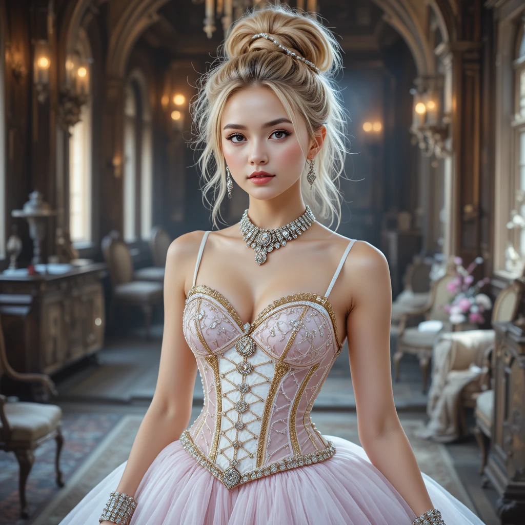 Mujer rubia elegante con corsé enjoyado y falda brillante