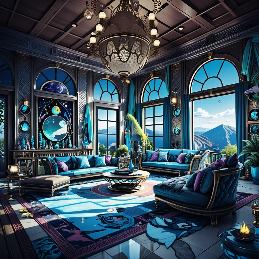 Luxurious fantasy villa interior in a serene mountain world