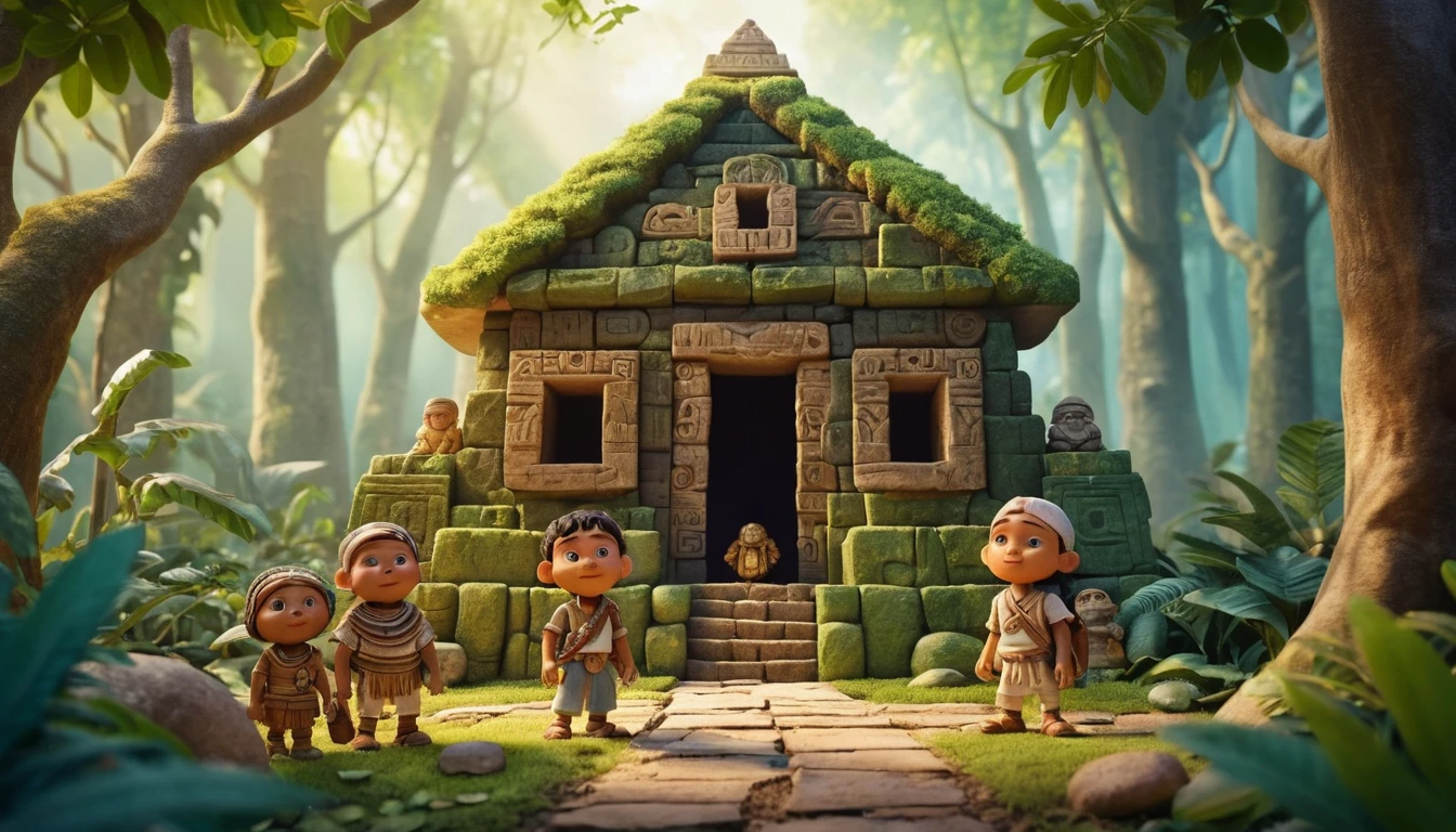 Playful children in a fantasy Mayan temple treasure scene