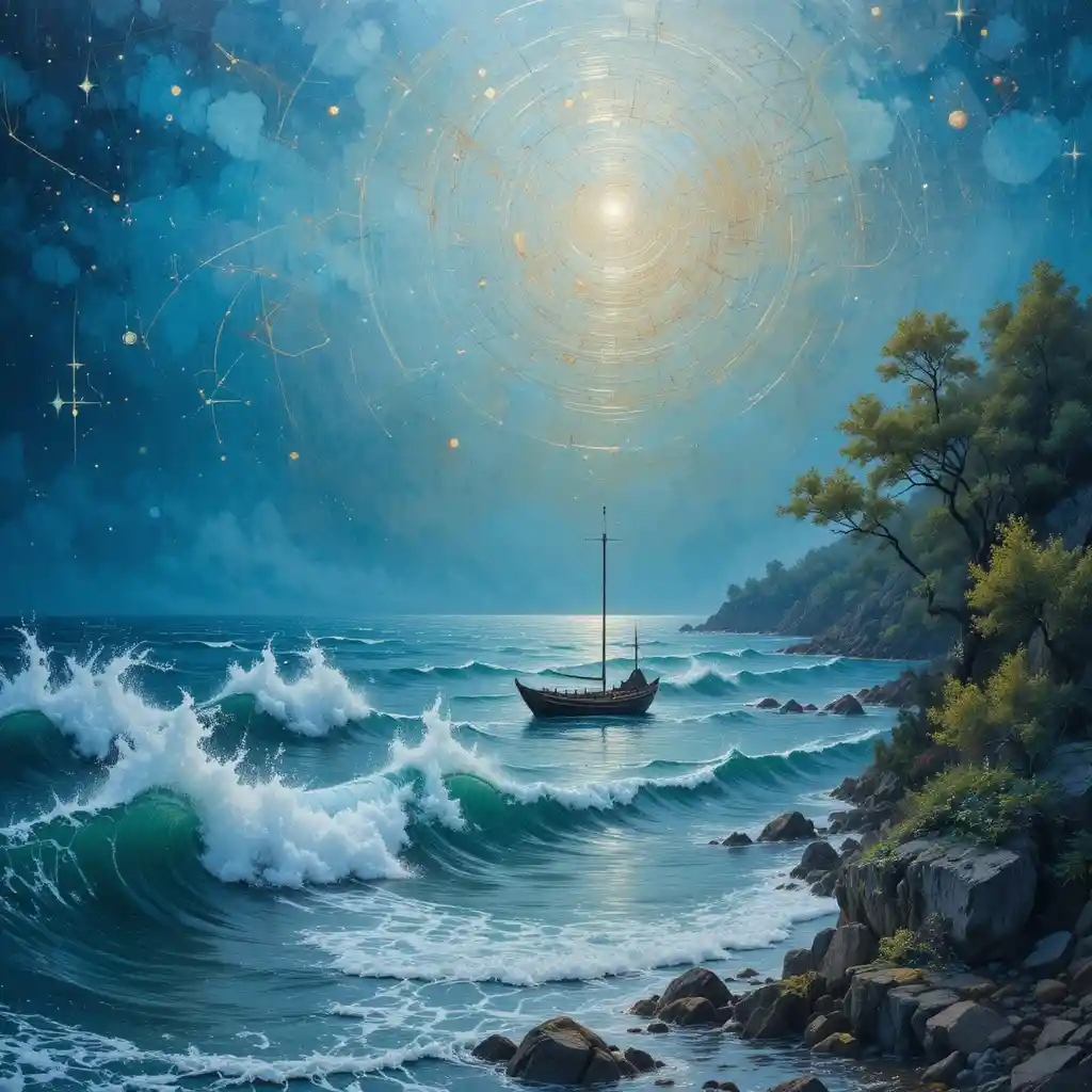 Paesaggio marino surreale e luminoso con onde delicate e barca in lontananza