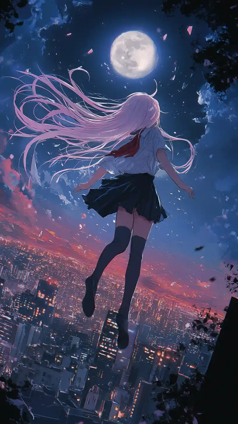 Ragazza anime che scende nel cielo cittadino illuminato dalla luna