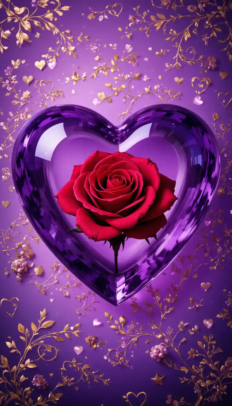 Cœur en verre violet avec rose rouge et lueur à motifs