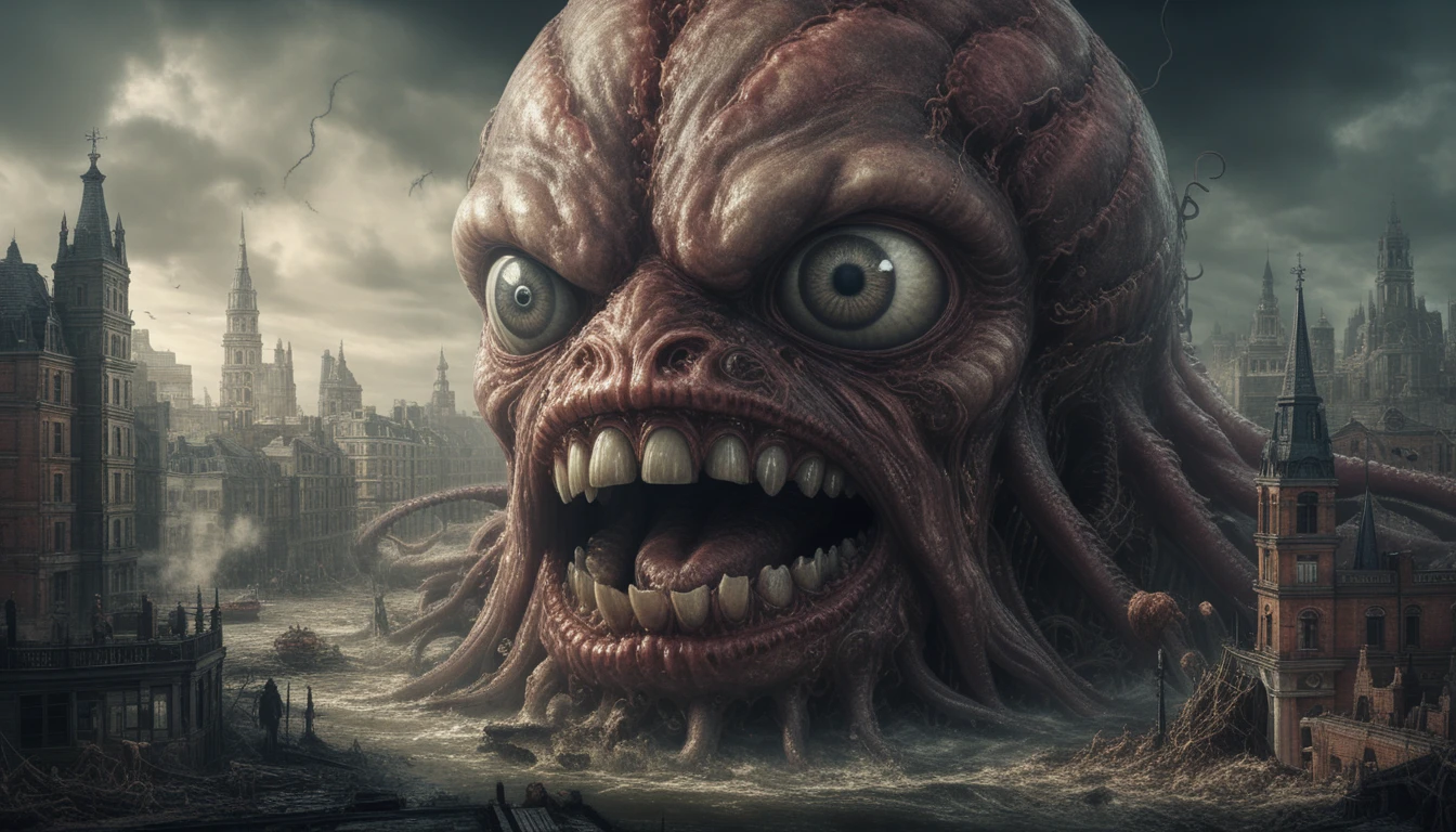Gigantic tentacled monster destroying a Victorian city