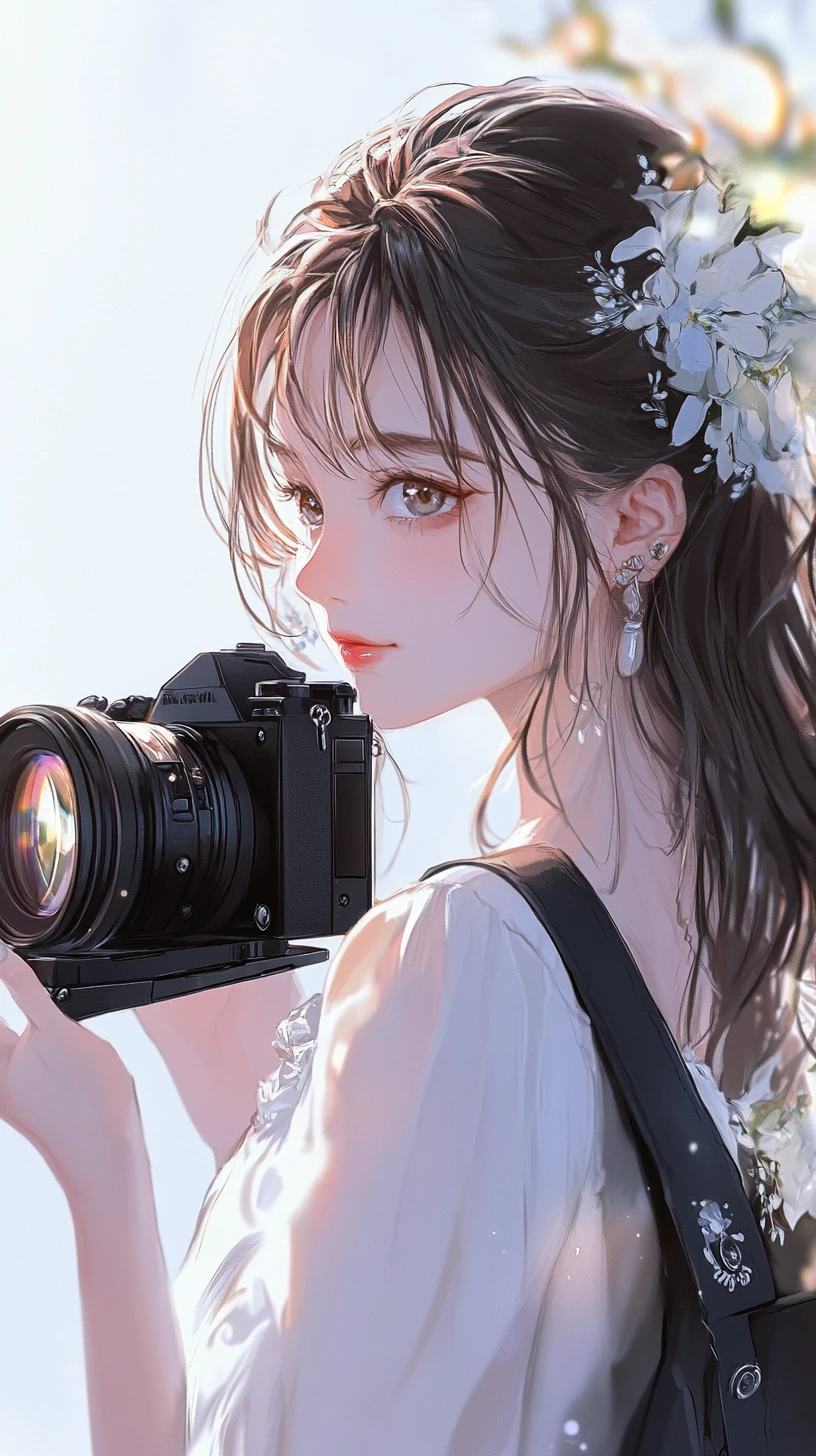 Anime woman with camera in dreamy backlit close up