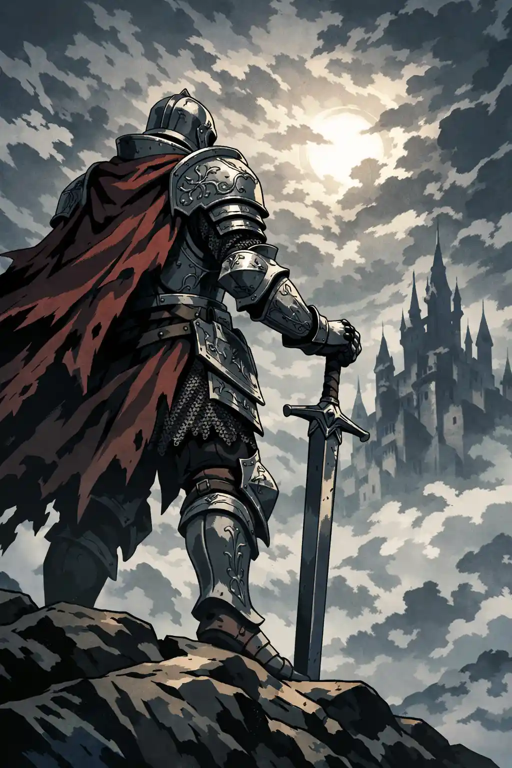 Cavaliere medievale su sperone roccioso davanti a un castello gotico distante