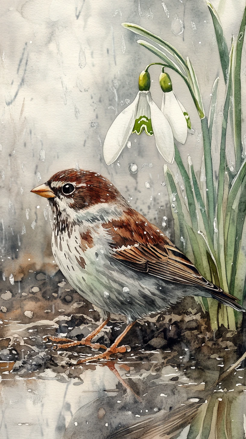 Watercolor sparrow beside snowdrop on rainy reflective ground