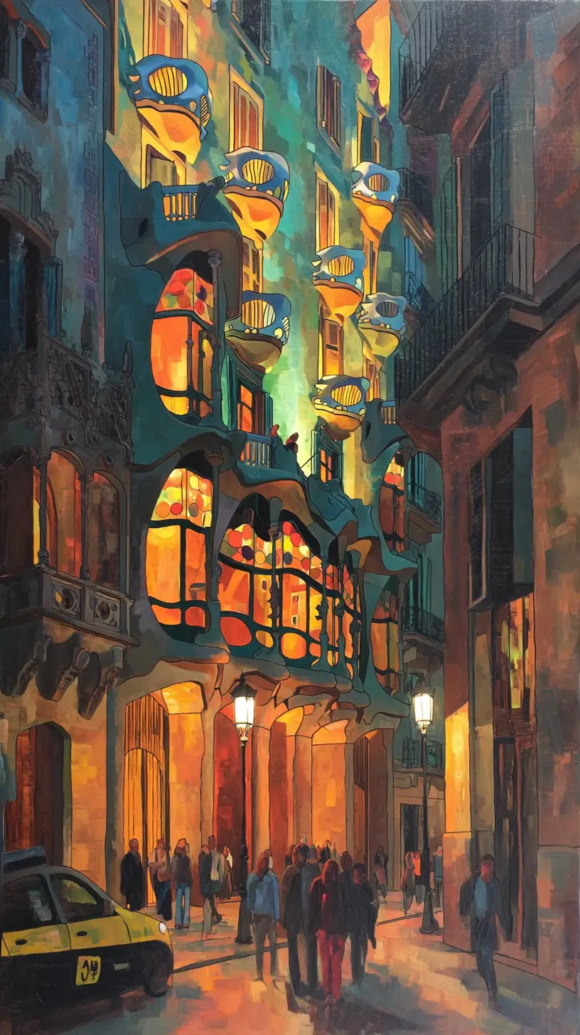 Romantic Gouache View Of Casa Batllo On Barcelona Street