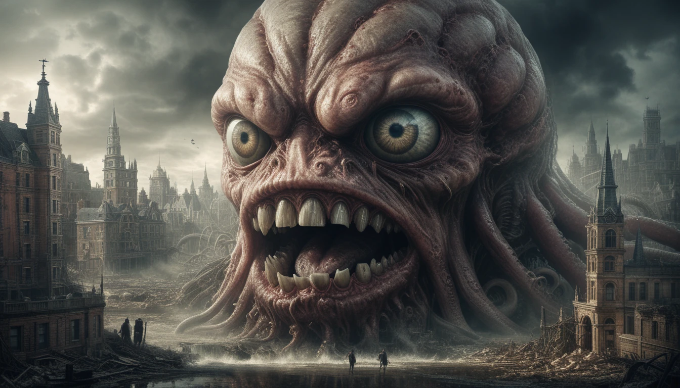 Colossal tentacled monster devouring an old Victorian city