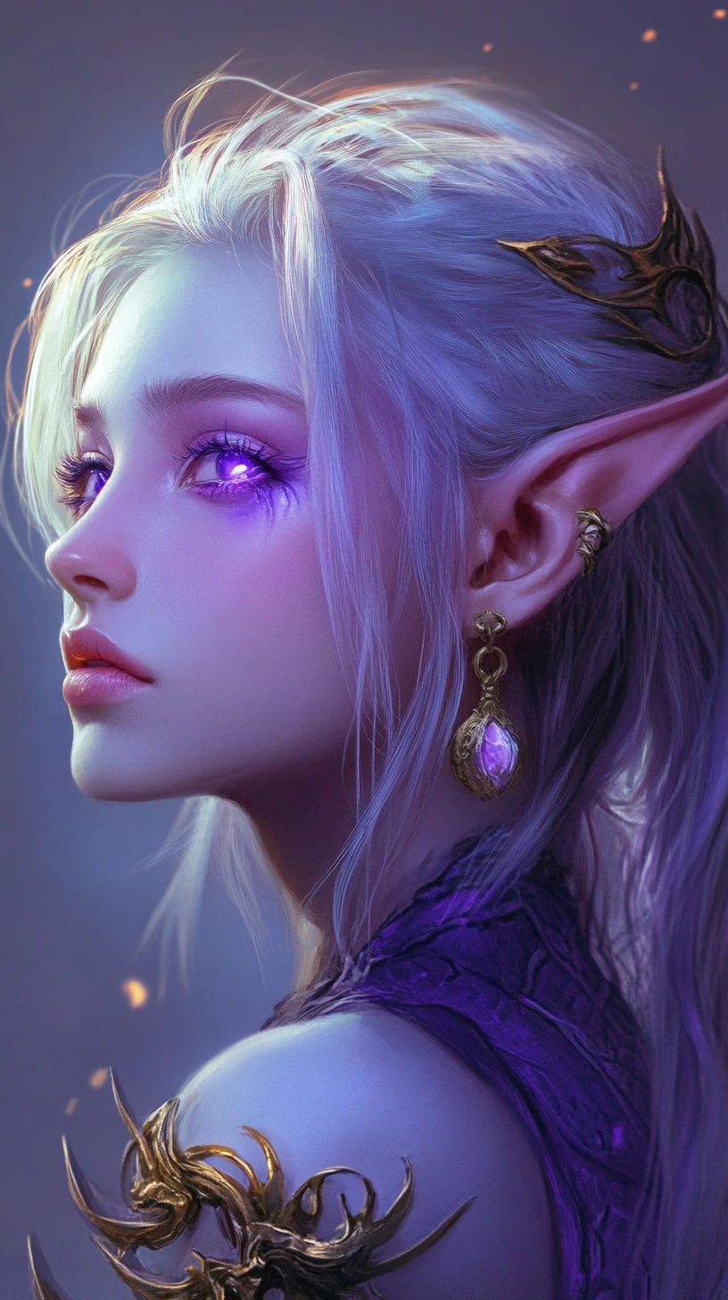 Lavender skinned feline humanoid warrior in glowing armor