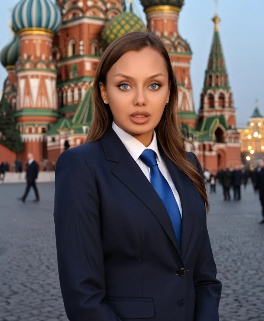 Woman in black suit by Moscow Red Square at night