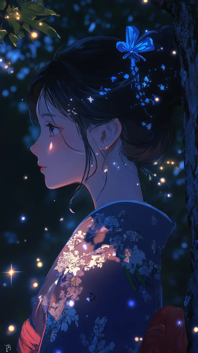 Fille d’anime en yukata sous un arbre lumineux de nuit