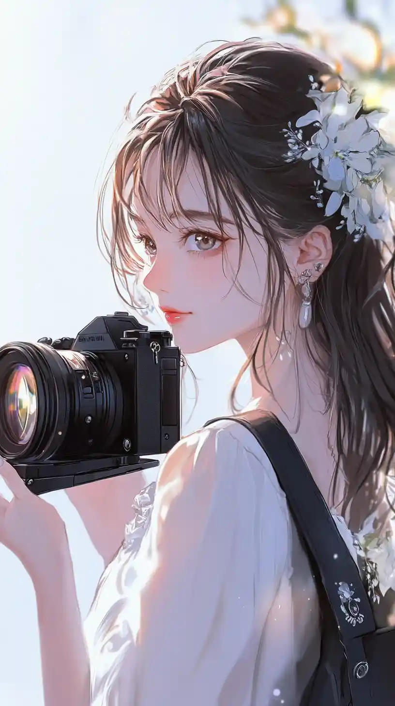 Anime woman with camera in dreamy backlit close up