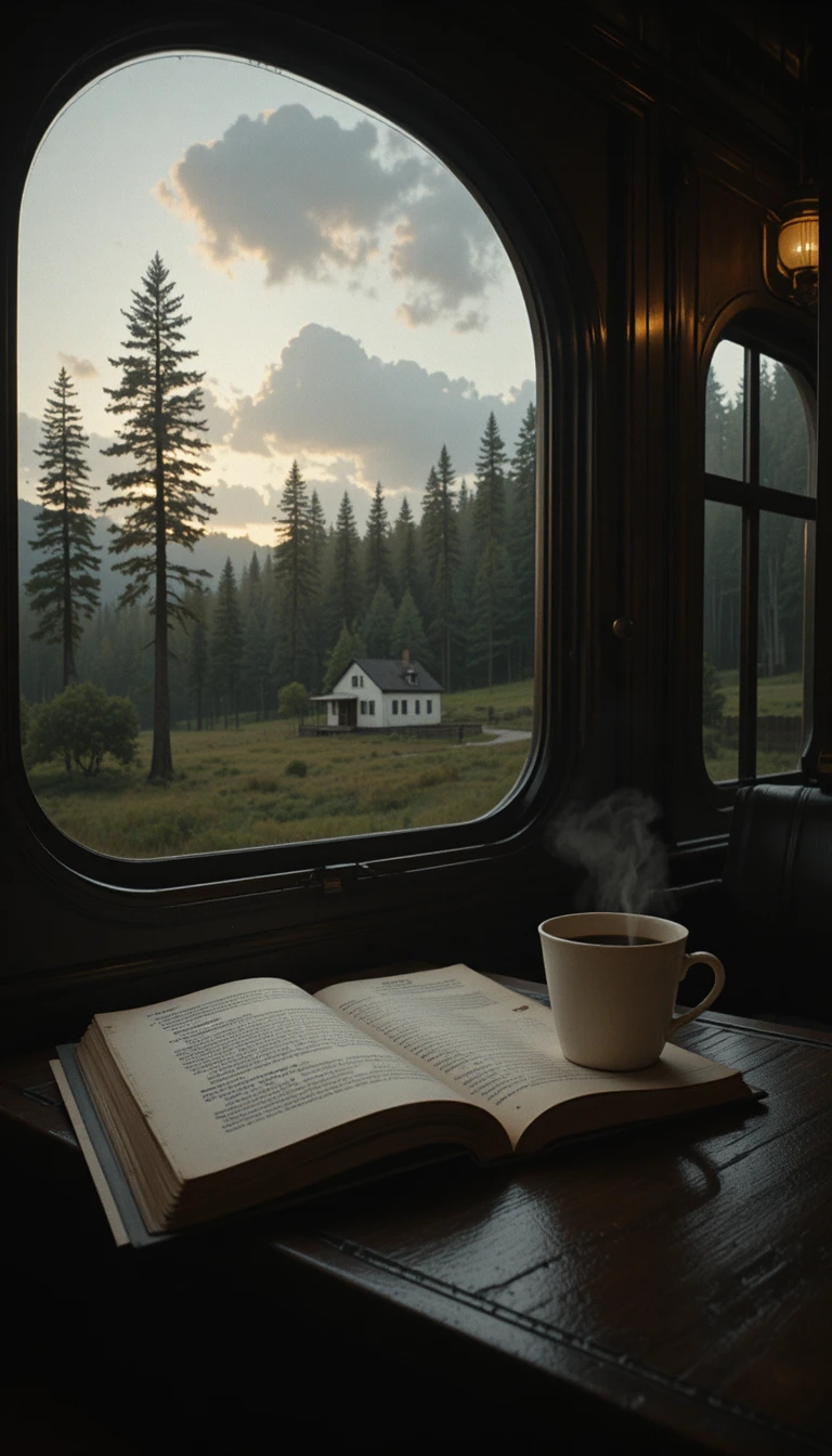 Vintage train cabin with coffee cup and open book at dusk