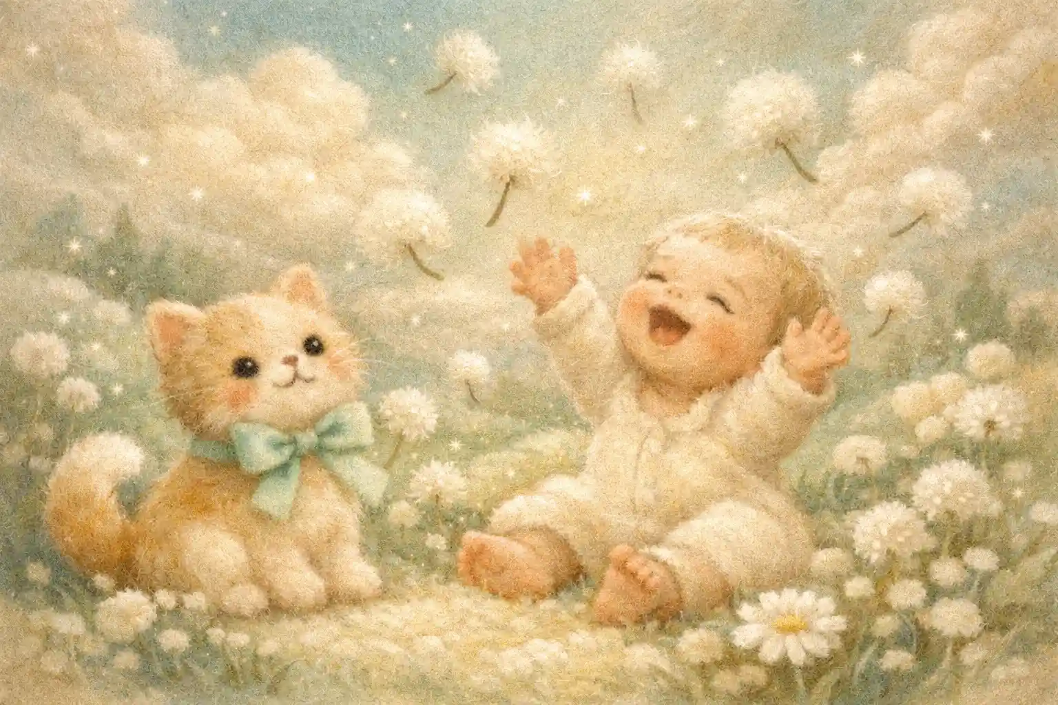 Playful Kitten And Laughing Baby In Soft Nursery Meadow Art