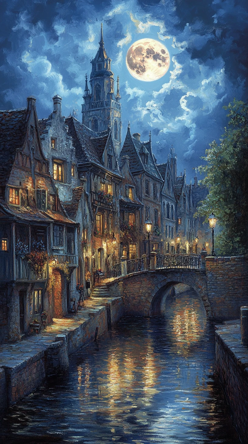 Moonlit european canal town with glowing historic architecture