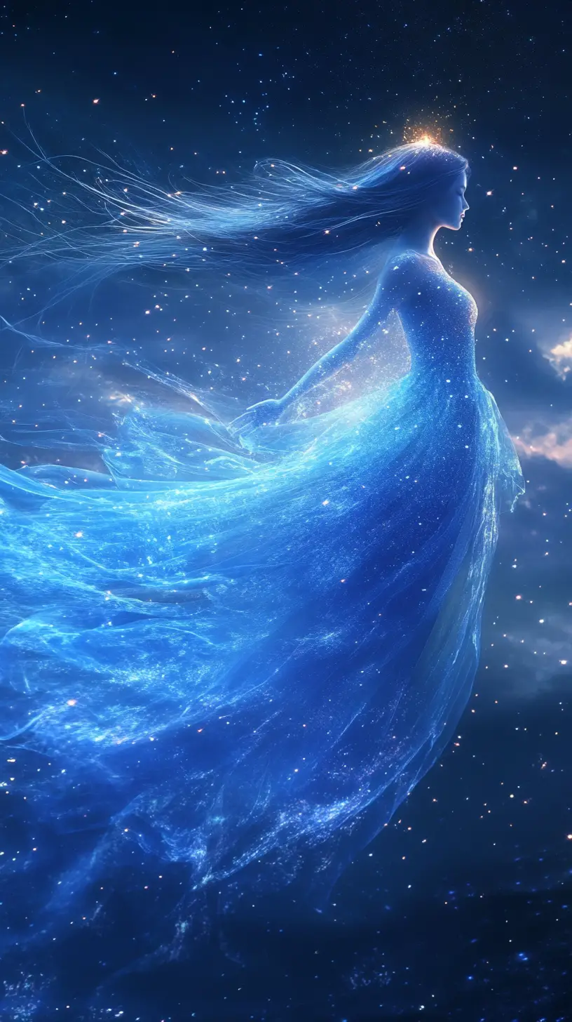 Ethereal cosmic woman floating in radiant starlit darkness
