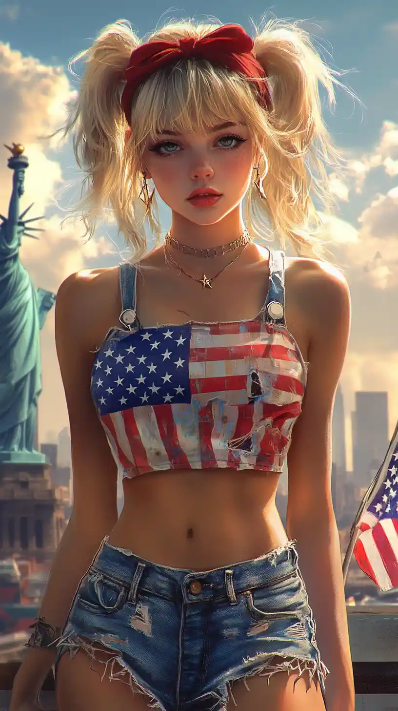 Blonde girl with flag before liberty statue and skyline