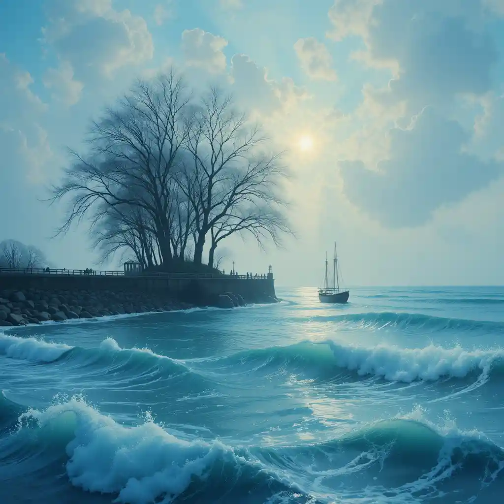 Surreal seascape with waves trees and a lone boat