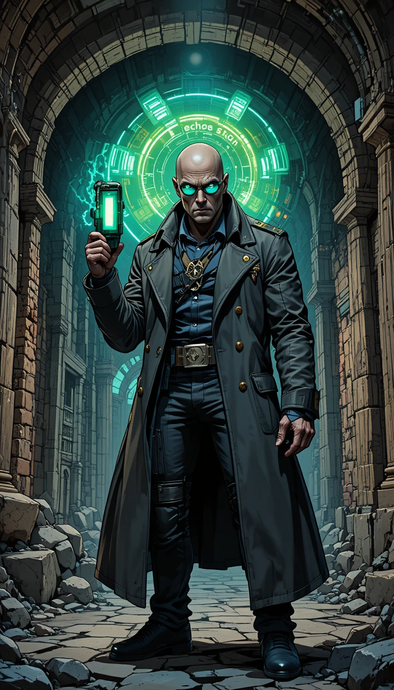 Cybernetic bald man in trench coat in stone dungeon