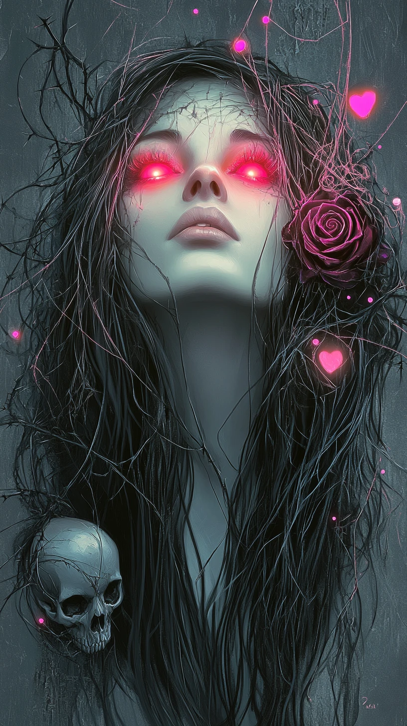 Mystical gothic woman with glowing red eyes and rose