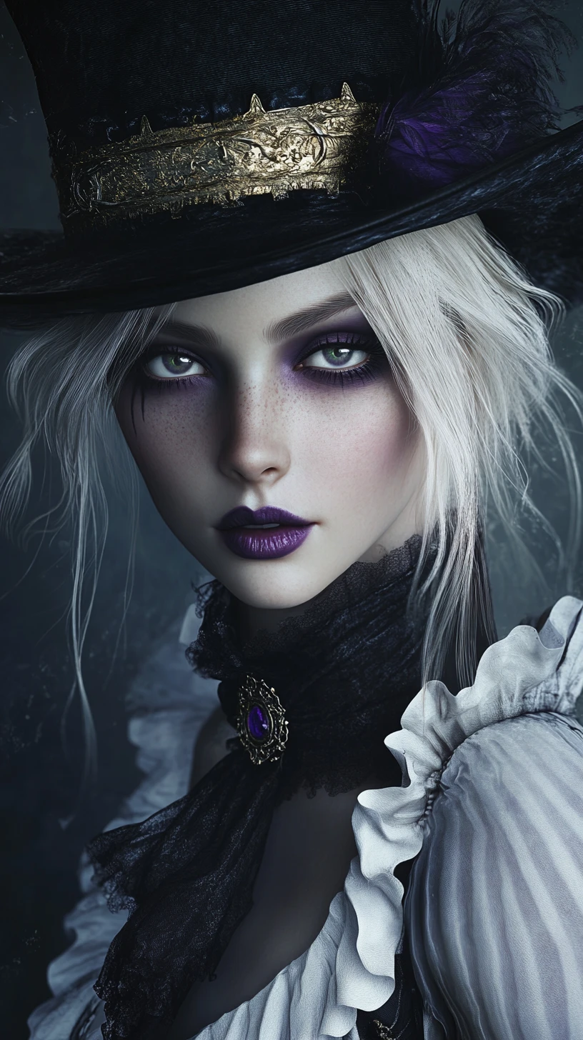 Melancholic woman in top hat with dark fantasy makeup