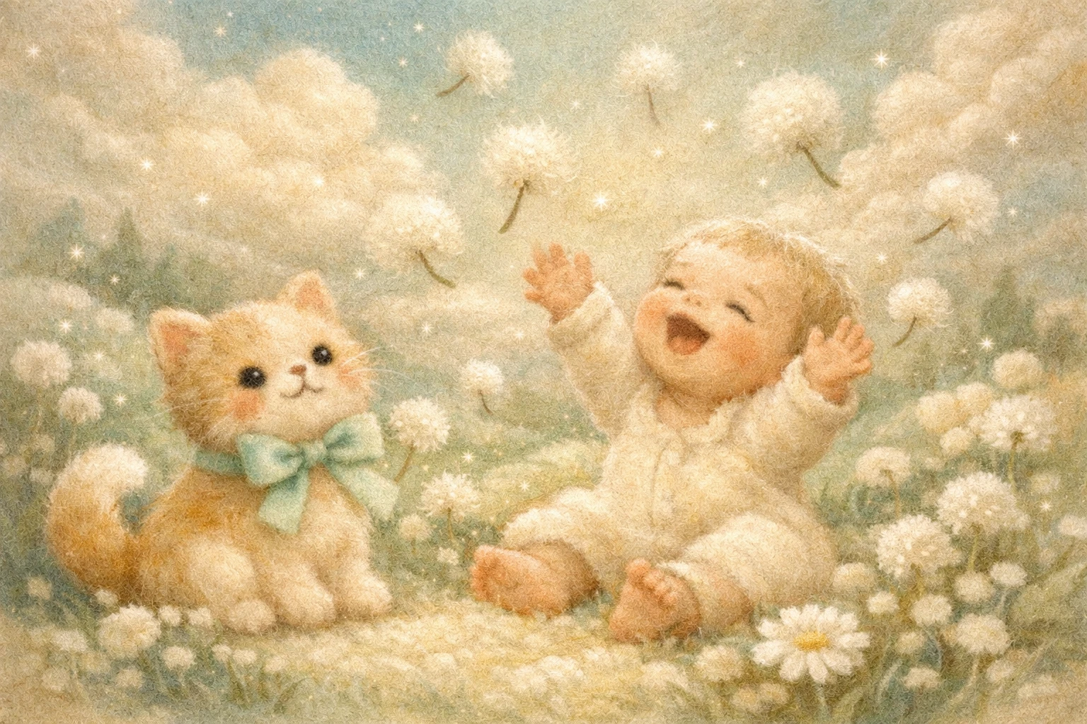 Playful Kitten And Laughing Baby In Soft Nursery Meadow Art