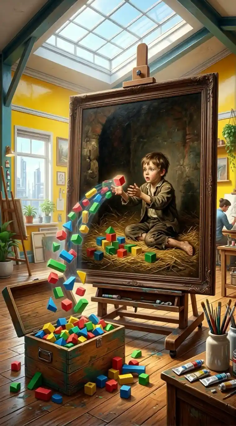 Sunlit futuristic art studio with a towering framed painting
