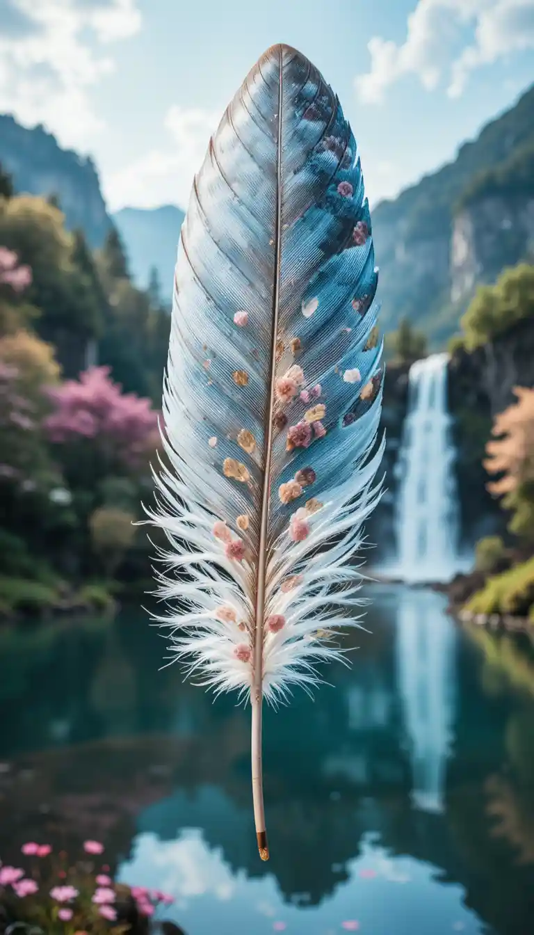 Delicate feather with vivid waterfall double exposure background