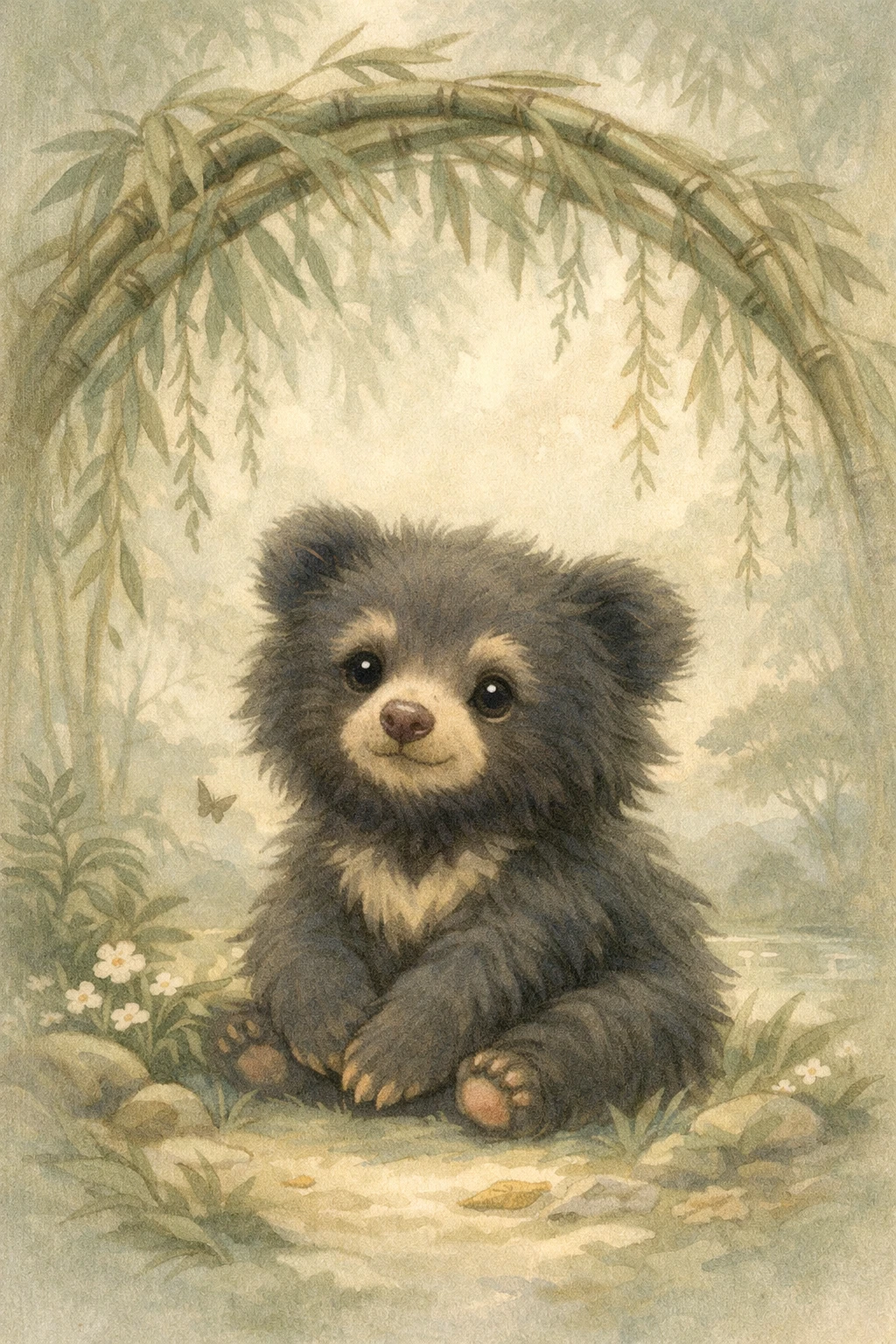 Baby sloth bear sitting under bamboo in soft nursery art